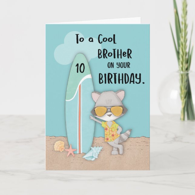 Cartão 10 anos Irmão Birthday Beach Funny Legal Raccoon (Frente)