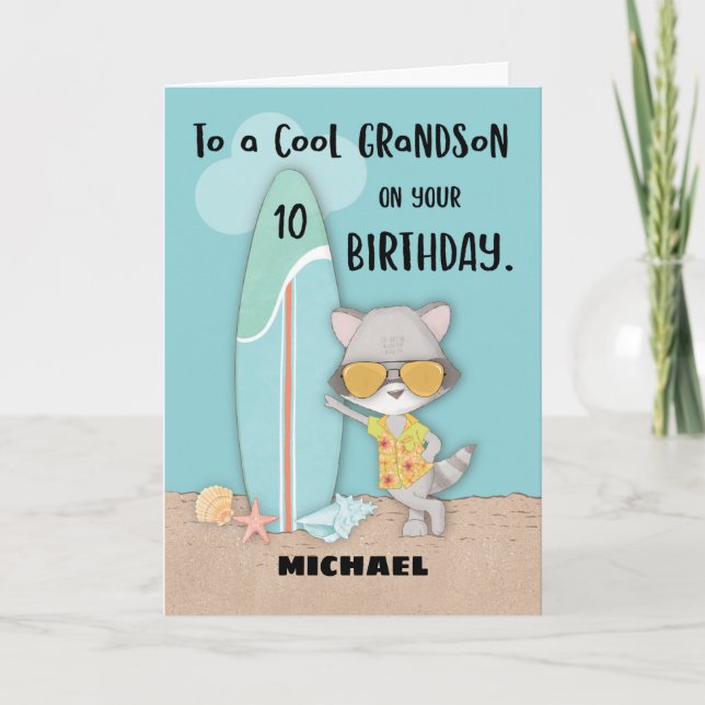 Cartão 10 netos Birthday Beach Funny Legal Raccoon (Frente)