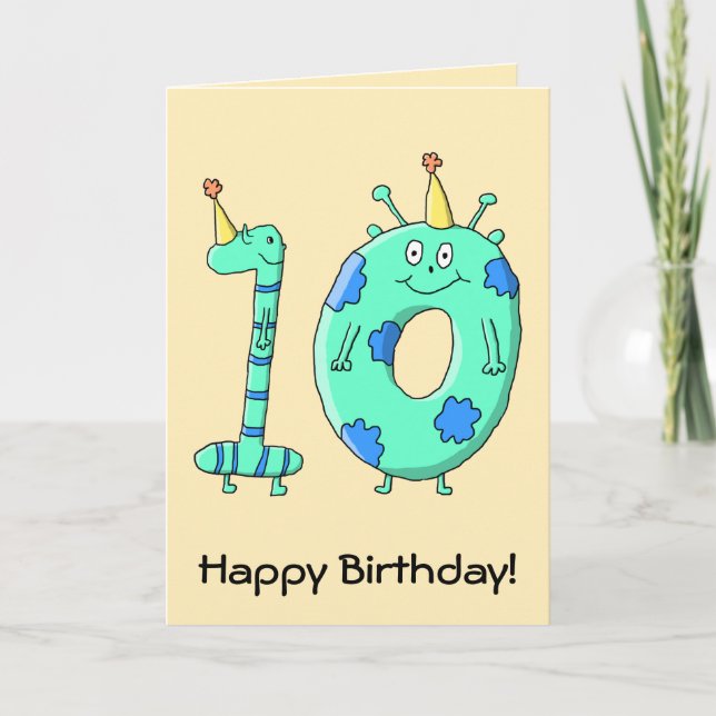Cartão 10th Birthday Cartoon, Teal Green and Blue. (Frente)