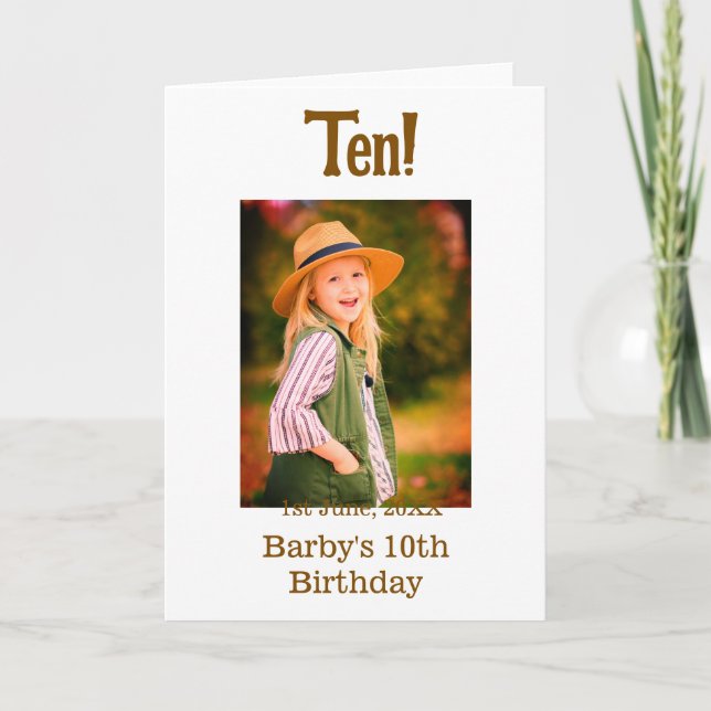 Cartão 10th birthday photo name date simple brown beige b (Frente)