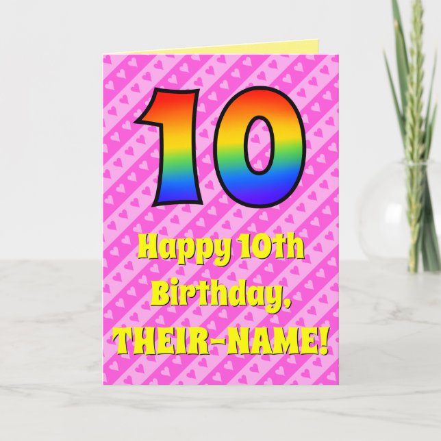 Cartão 10th Birthday: Pink Stripes & Hearts, Rainbow # 10 (Frente)