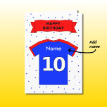 Cartão 10th birthday red blue t-shirt add a name<br><div class="desc">A fun design for both boys and girls, you can personalize this 10th birthday card inside and out! Add the name of the birthday boy or girl to the front, and customize the text inside (currently this reads "It's your 10th birthday - have a fun day!") The card features a...</div>