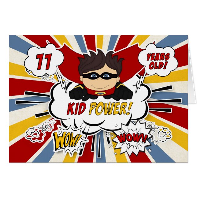 Cartão 11 Aniversário para Meninos Super Crianças Red Com (Frente Horizontal)