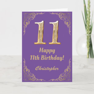 Cartão 11 Aniversário Roxo e Dourado Quadro Glitter