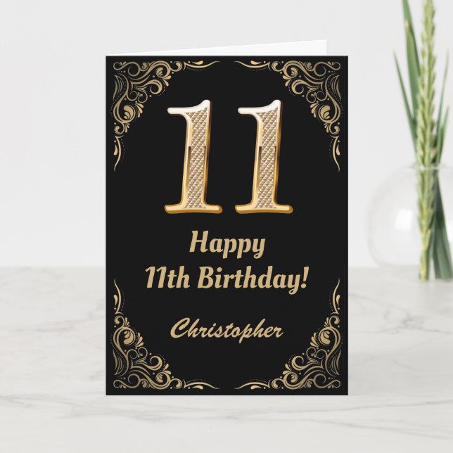 Cartão 11 Birthday Black and Dourado Glitter Frame (Frente)