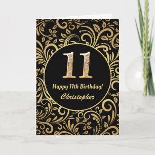 Cartão 11 Birthday - Padrão Floral Dourado e Preto