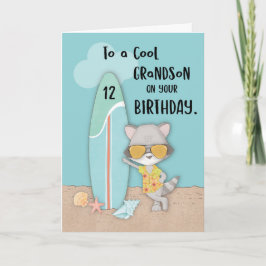 Cartão 12 anos, neto Birthday Beach Funny Legal Raccoon