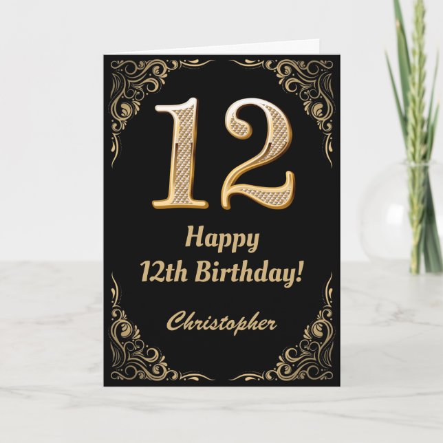 Cartão 12 Birthday Black and Dourado Glitter Frame (Frente)
