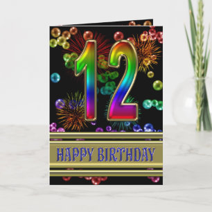 Cartão 12 Birthday com bolhas arco-íris e fogos de artif