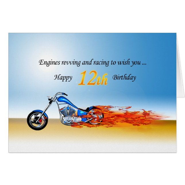 Cartão 12 de aniversário com motocicleta chamadora (Frente Horizontal)