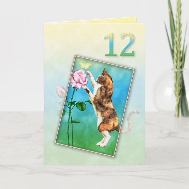 Cartão 12 de aniversário com um gato brincalhão (Frente)