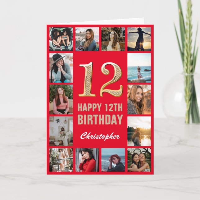 Cartão 12 Happy Birthday Red and Dourado Photo Collage (Frente)