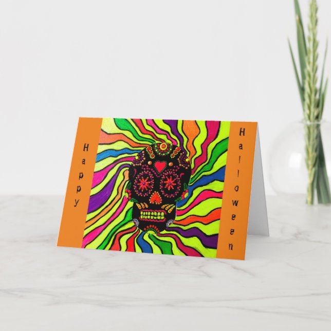 Cartão 12 - Placa de Dia das Bruxas Neon Skull (Frente)