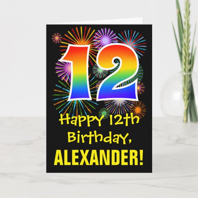 Cartão 12th Birthday: Fun Fireworks Pattern + Rainbow 12 (Frente)