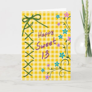 Cartão 13 Aniversário, Gravata Verde - Gingham Amarelo, F