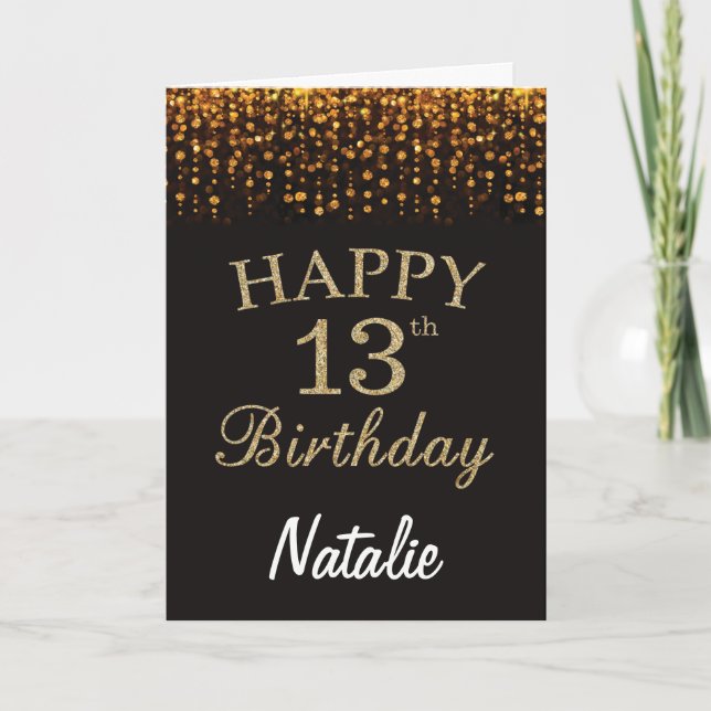 Cartão 13 Birthday Black and Dourado Glitter Card (Frente)