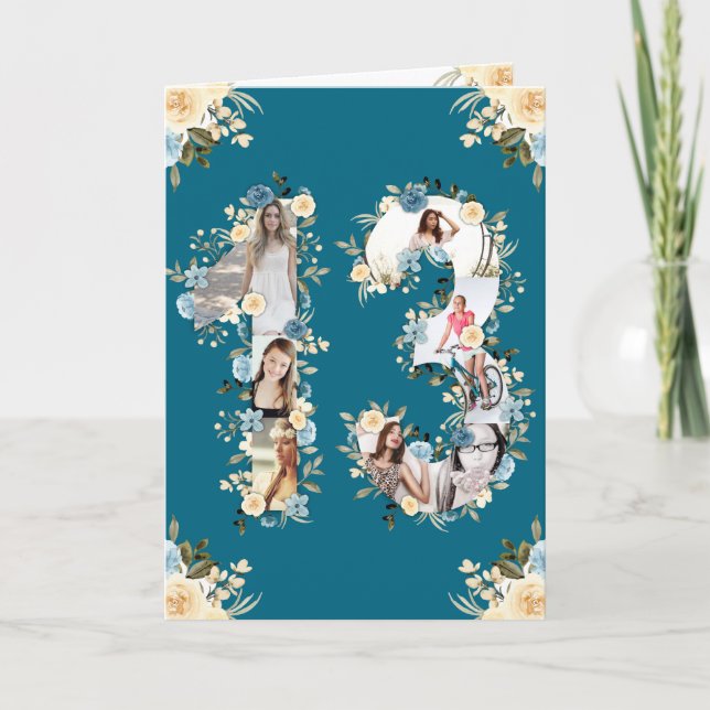 Cartão 13 Birthday Foto Collage Yellow Flower Teal (Frente)