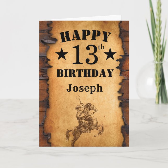 Cartão 13 Birthday Rustic Country Western Cowboy Horse (Frente)