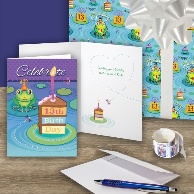 Cartão 13 Birthday Sapo (wrap:https://www.zazzle.com/13th_birthday_frog_toads_of_fun_wrapping_paper_sheets-256983987459601751)