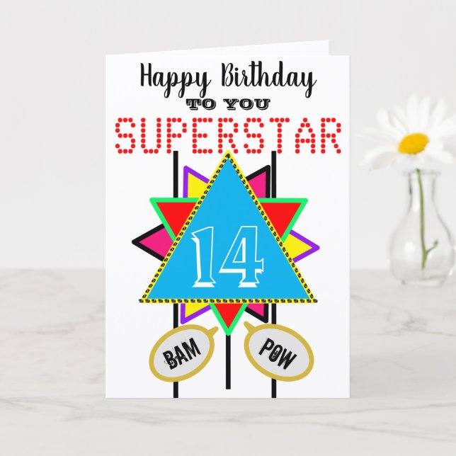 Cartão 14º Aniversário Superstar Azul QUALQUER IDADE (Planta pequena)