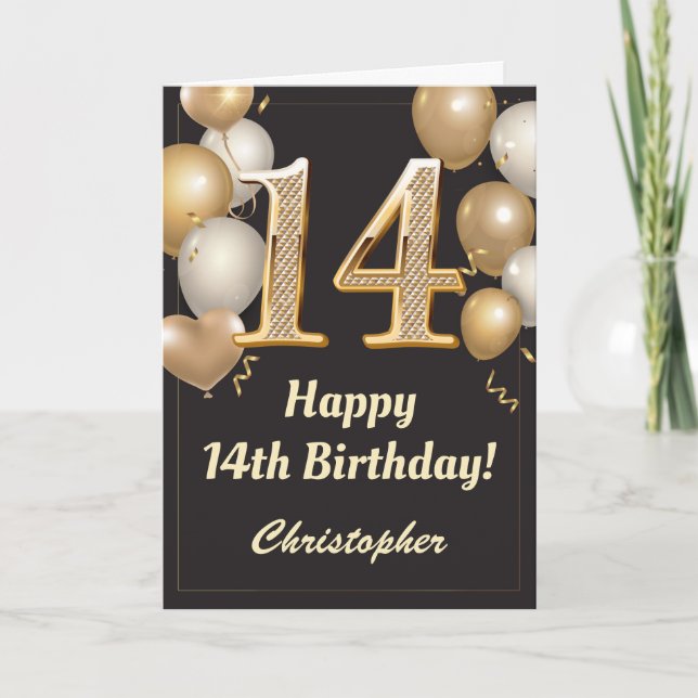 Cartão 14 Birthday Black and Dourado Balloons Confetti (Frente)