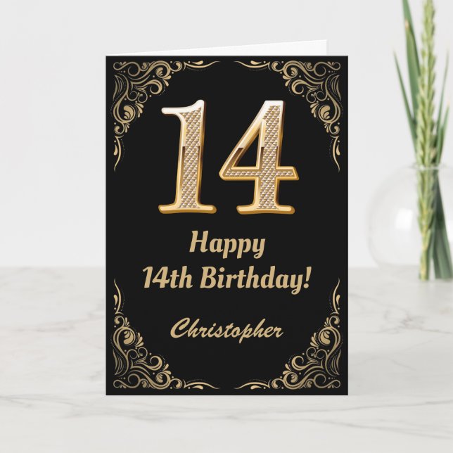 Cartão 14 Birthday Black and Dourado Glitter Frame (Frente)