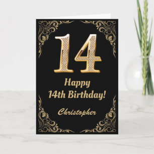 Cartão 14 Birthday Black and Dourado Glitter Frame