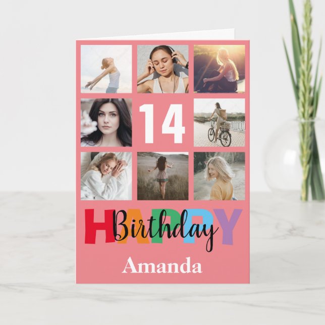 Cartão 14 Happy Birthday Photo Collage Modern Pink Card (Frente)