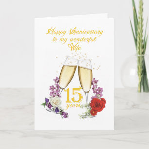 Cartão 15º Aniversário para a Esposa com Champanhe