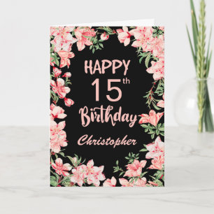 Cartão 15 Aniversário Pink Peach Aquarela Floral Preto