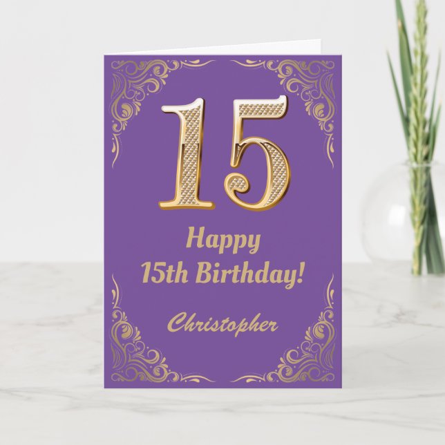 Cartão 15 Aniversário Roxo e Dourado Quadro Glitter (Frente)