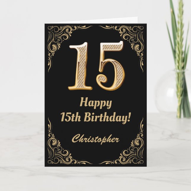 Cartão 15 Birthday Black and Dourado Glitter Frame (Frente)