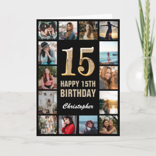Cartão 15 Happy Birthday - Colagem de Fotos Dourada e Pre