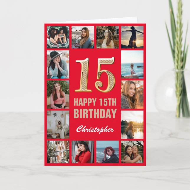 Cartão 15 Happy Birthday Red and Dourado Photo Collage (Frente)