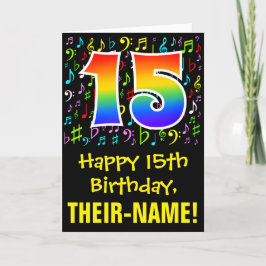 Cartão 15th Birthday: Colorful Music Symbols + Rainbow 15