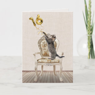 Cartão 16º Aniversário Balões e Tabby Cat