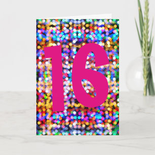 Cartão 16º aniversário. Luzes coloridas brilhantes