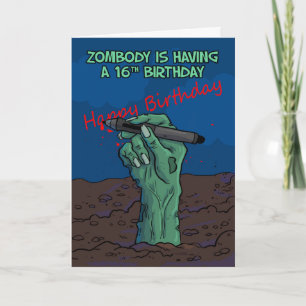 Cartão 16º aniversário, Zombie Hand escrevendo uma mensag