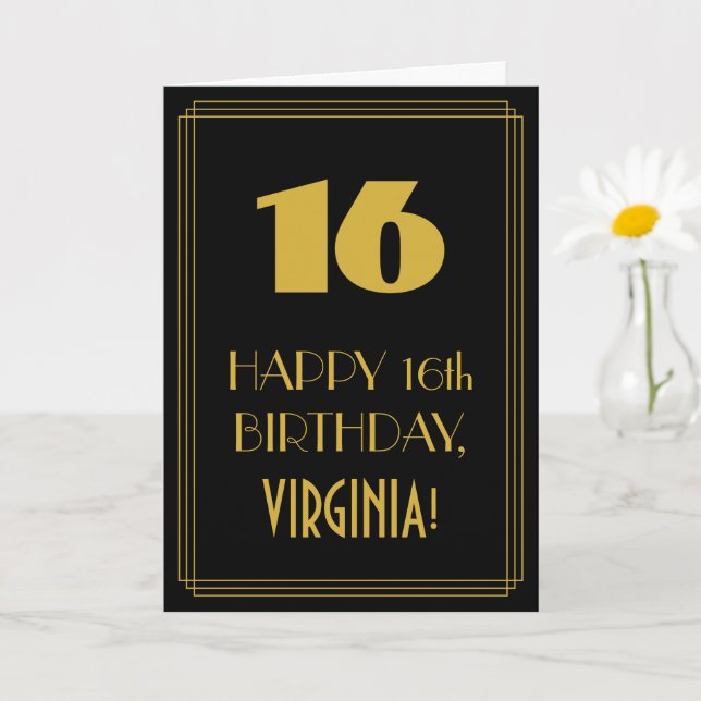 Cartão 16.º aniversário - Art Deco Inspirou "16" & Nome (Planta pequena)