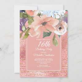 Cartão 16.º aniversário da Dourada Floral Azul rosa