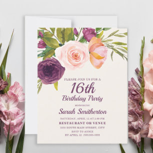 Cartão 16.º Aniversário do Burgundy Purple Blush Pink