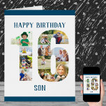 Cartão 16.º aniversário Filho Número 16 Folha Grande Cola<br><div class="desc">Diga Feliz 16º Aniversário Filho com um cartão de aniversário único e sua própria coleção de fotos personalizada. O modelo está preparado para você editar Feliz Aniversário Filho para irmão, ou qualquer outro nome que você quiser e adicionar até 11 fotografias diferentes. Você também pode editar as mensagens na dentro...</div>