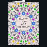 Cartão 16th Birthday Abstract Flowers<br><div class="desc">16th Birthday card.  A glorious abstract pattern with flowers and diamonds. A very pretty,  feminine,  and stylish way to say 'Happy Birthday'. An unusual design that stands out. Send your birthday wishes in an elegant and eloquent way. All the diamonds on this card are printed.</div>