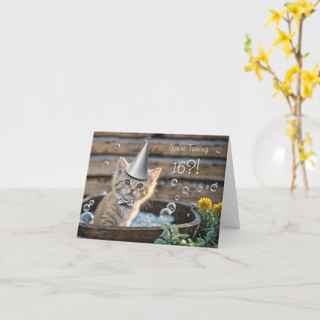 Cartão 16th Birthday Cute and Funny Ginger Kitten Tub (Flor Amarela)