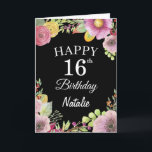 Cartão 16th Birthday Watercolor Floral Flowers Black Card<br><div class="desc">16th Birthday Watercolor Floral Flowers Black Card with personalized name and age. For further customization,  please click the "Customize it" button and use our design tool to modify this template.</div>