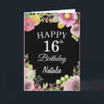Cartão 16th Birthday Watercolor Floral Flowers Black Card<br><div class="desc">16th Birthday Watercolor Floral Flowers Black Card with personalized name and age. For further customization,  please click the "Customize it" button and use our design tool to modify this template.</div>