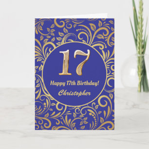 Cartão 17º Aniversário Marinho Azul e Dourado Padrão Flor