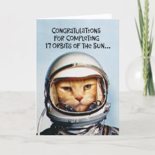 Cartão 17.º Aniversário Gato Espacial Engraçado do Fil