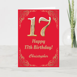 Cartão 17.º aniversário, Red e Dourado quadro de brilho