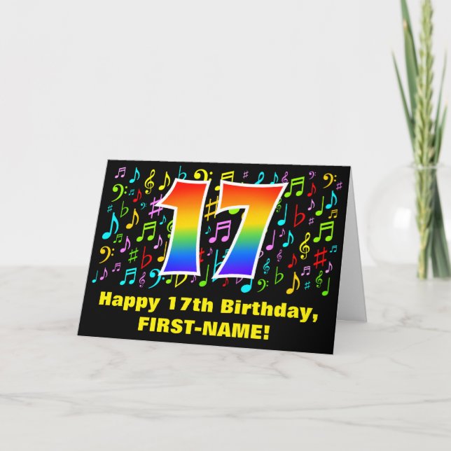 Cartão 17.º aniversário: Símbolos de Música Coloridos e R (Frente)
